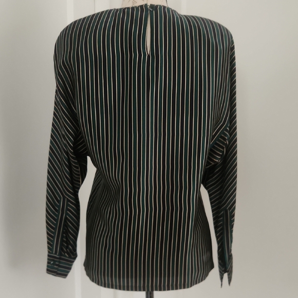Ellen Tracy Navy Blue And Dark Green Striped Silk Blouse Size 4P - Picture 10 of 10